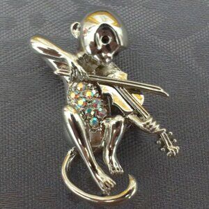 Silver Monkey playing Violin Brooch Pin with black & crystal rhinestone, fashion